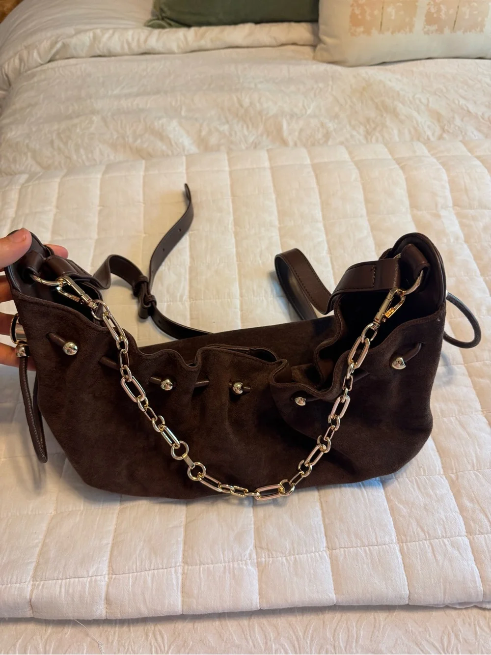 Brown Suede Embellished Shoulder Bag with Chain Accent - Picture 1 of 3